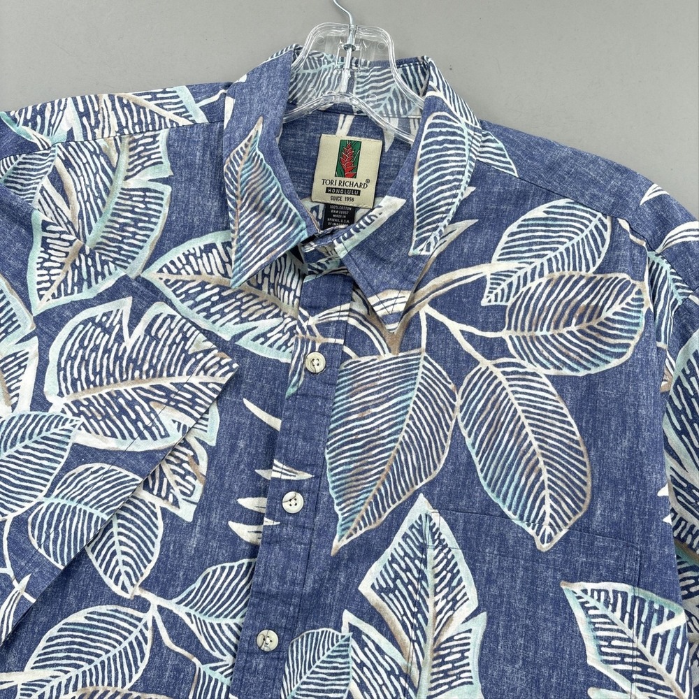 Tori Richard Shirt Mens Large Blue Leaf Print Hawaiian Aloha Button Up Resort